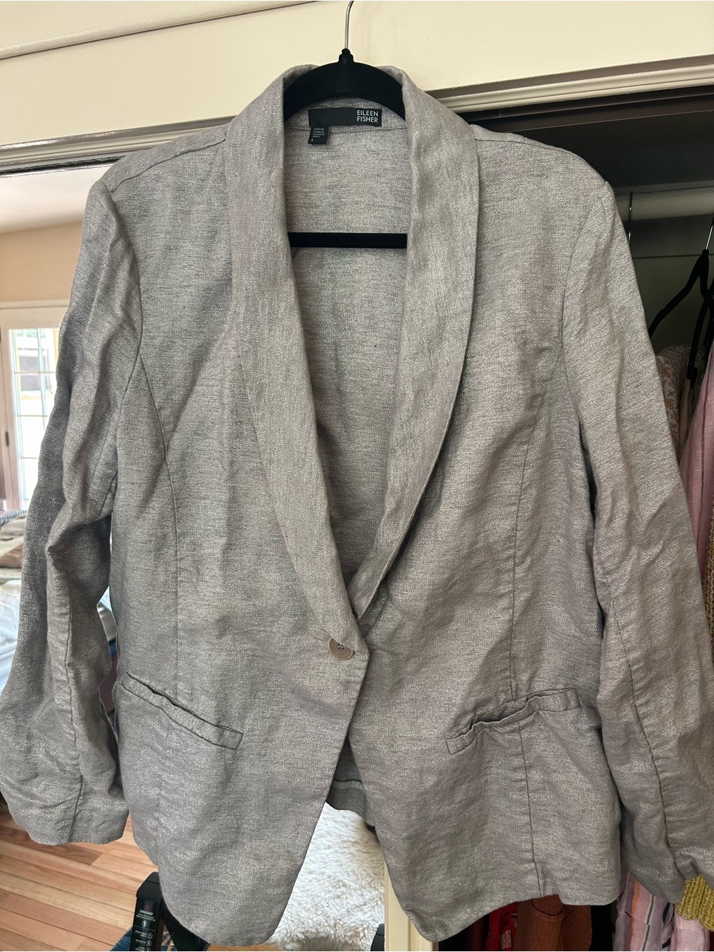 Eileen Fisher linen blazer with silver metallic thread L